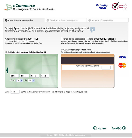 CIB Bank online bankkártyás fizetési felület